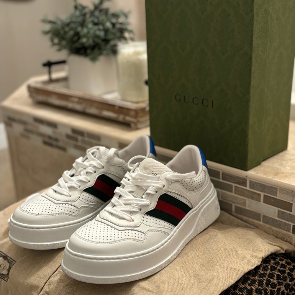 Gucci White Sneakers with Red and Green Accents